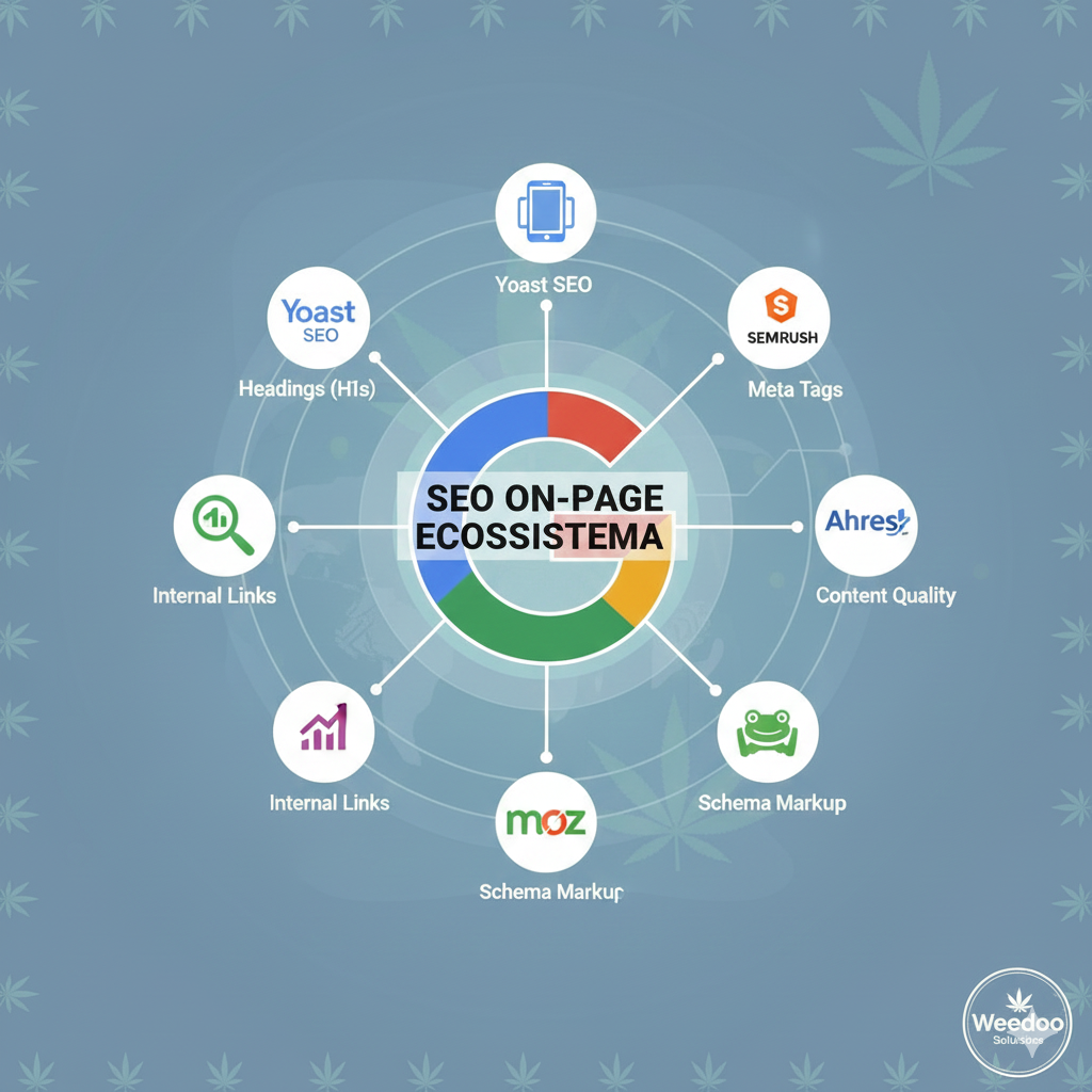 Imagem com referência a SEO on-page e as empresas Google, Yoast SEO, SEMRush, Ubersuggest, Ahrefs, Moz e ScreamingFrog.