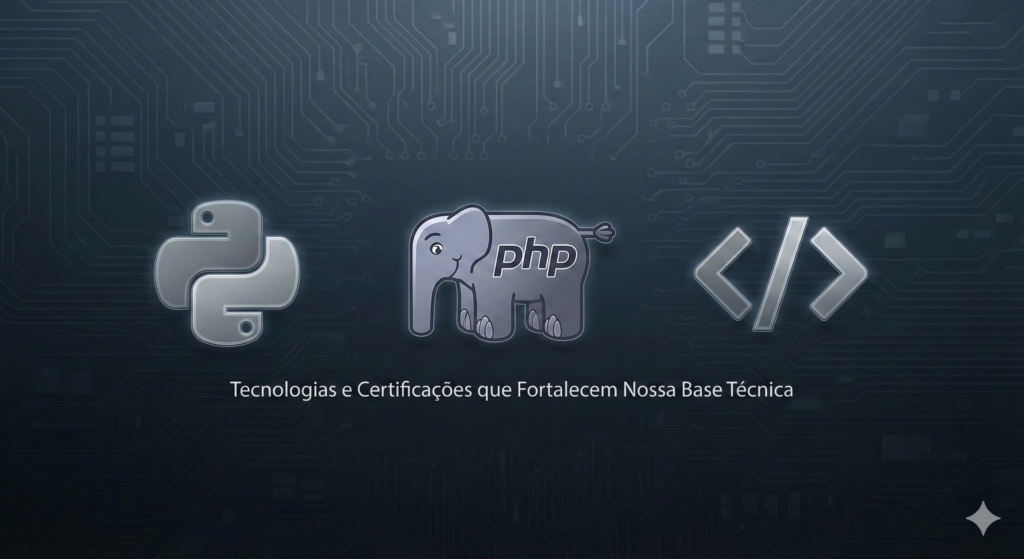 Os logotipos de Python, PHP, Google Developers e IFSUL em uma linha cinza/monocromática.