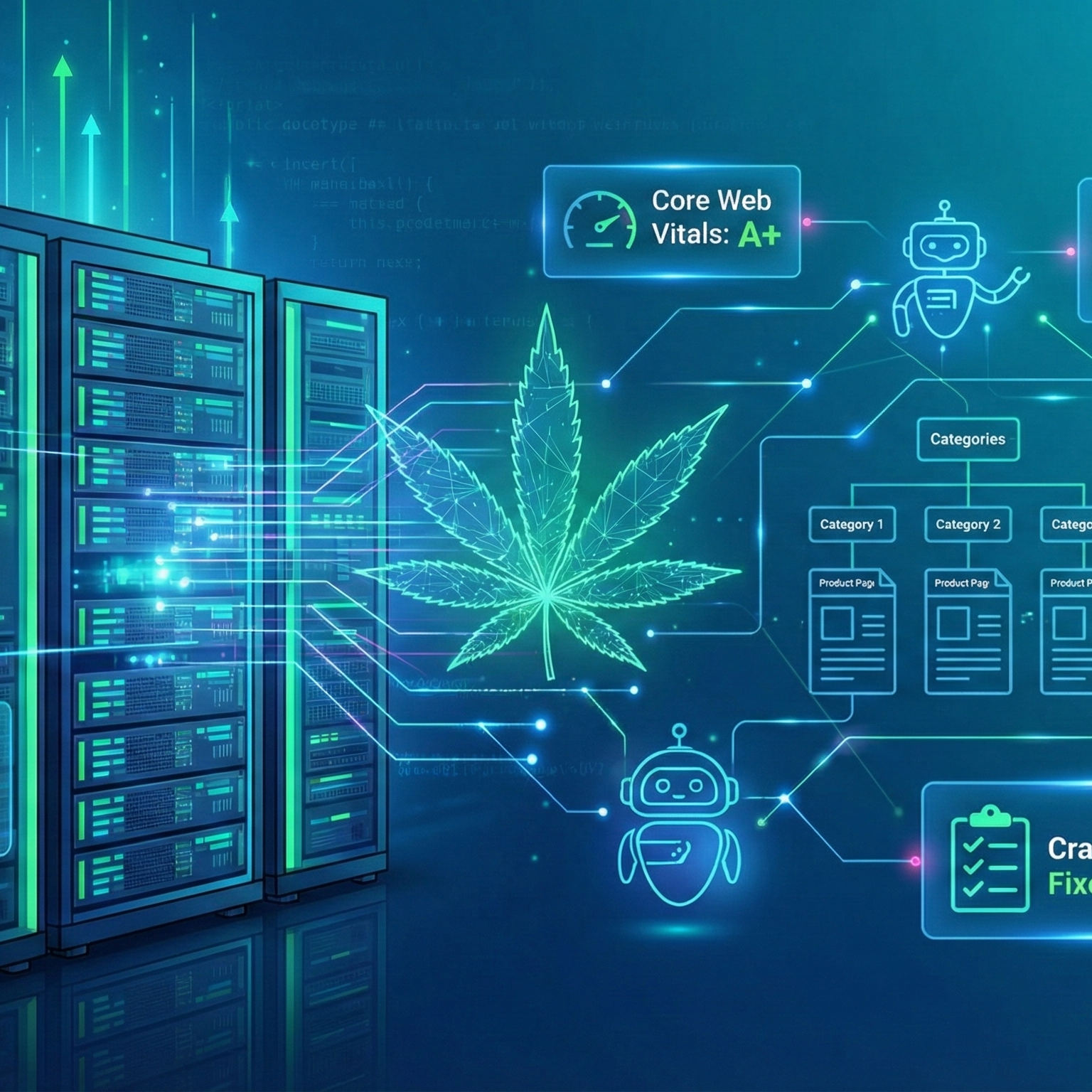 Ilustração digital futurista representando o serviço de SEO Técnico Especializado. Racks de servidores formam a base da infraestrutura, conectados por linhas de dados a uma folha de cannabis luminosa ao centro. Ícones holográficos ao redor destacam métricas de performance como "Core Web Vitals: A+", "Page Speed: Optimized", "Security Protocols", correção de "Crawling Errors" e um diagrama de "E-commerce Architecture", com robôs de busca navegando pela rede.