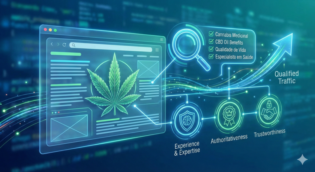 Ilustração digital futurista representando o serviço de SEO On-Page Estratégico. Uma interface de página web transparente com uma folha de cannabis centralizada é conectada a uma lupa destacando uma lista de palavras-chave verificadas, incluindo "Cannabis Medicinal" e "CBD Oil Benefits". Uma seta de crescimento ascendente indica "Tráfego Qualificado", sustentada por três ícones interconectados que representam os pilares do E-E-A-T: "Experiência & Especialidade", "Autoridade" e "Confiabilidade".
