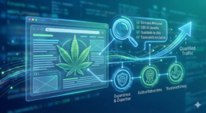 Ilustração digital futurista representando o serviço de SEO On-Page Estratégico. Uma interface de página web transparente com uma folha de cannabis centralizada é conectada a uma lupa destacando uma lista de palavras-chave verificadas, incluindo Cannabis Medicinal e CBD Oil Benefits. Uma seta de crescimento ascendente indica Tráfego Qualificado, sustentada por três ícones interconectados que representam os pilares do E-E-A-T: Experiência & Especialidade, Autoridade e Confiabilidade.