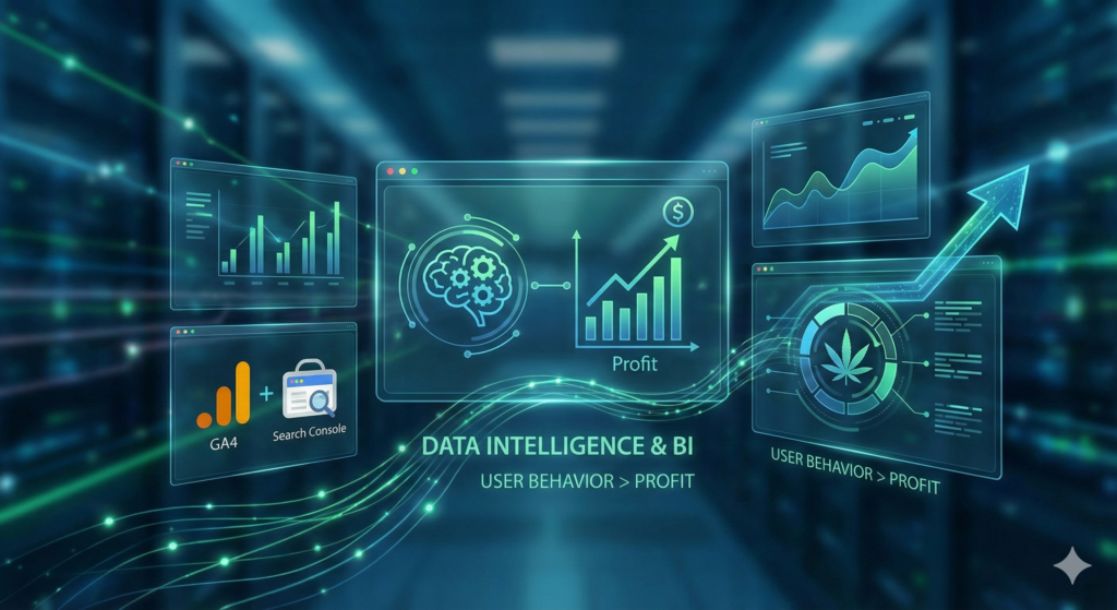Ilustração digital tecnológica em tons de azul e verde neon representando o serviço de Inteligência de Dados e BI. Painéis holográficos flutuantes exibem gráficos financeiros de crescimento e métricas de KPIs em tempo real. Ícones do Google Analytics 4 (GA4) e Search Console estão conectados a um fluxo de dados que leva a um gráfico de lucro ascendente. Uma folha de cannabis estilizada é analisada como um dado estratégico em um dos painéis, simbolizando a conversão de comportamento do usuário em receita no mercado canábico.