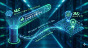 Ilustração digital futurista representando o 'Futuro das Buscas'. À esquerda, um assistente virtual inteligente (smart speaker) projeta um holograma sobre AEO (Answer Engine Optimization) recomendando soluções de cannabis. À direita, um mapa digital em 3D exibe pinos de localização com ícones de folhas de cannabis, simbolizando o GEO (Local SEO) e buscas por 'perto de mim'. Fluxos de dados conectam os dispositivos, representando a visibilidade multicanal e a autoridade digital.